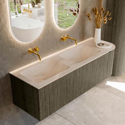 Badmeubel Mondiaz Kurve-Dlux | 145 cm | Meubelkleur Shadow | Wastafelkleur Meli | Solid surface | Dubbel / Links spoelbak | Zonder kraangat(en)