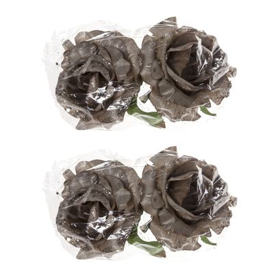 6x stuks decoratie bloemen roos zilver glitter op clip 10 cm
