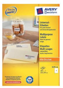 Avery-Zweckform 3478-200 Universele etiketten 210 x 297 mm Papier Wit 200 stuk(s) Permanent hechtend Laser (kleur), Laser (zwart/wit), Kopiëren (kleur),