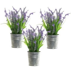 3x stuks lavendel kunstplanten/kamerplanten paars in grijze sierpot H28 cm x D18 cm