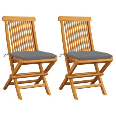Tuinstoelen 2 st met grijze kussens massief teakhout