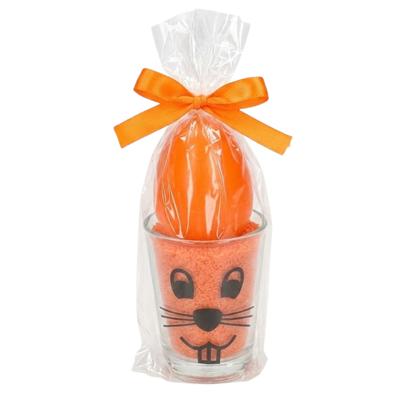 Cadeauset Pasen - oranje - 11 cm - in glas - decoratie zand - kaars - paasversiering