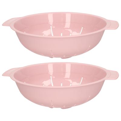 Keuken vergiet zeef - 2x - kunststof - D25 cm x H8 cm - roze - afgieten - groente - pasta - rijst