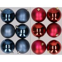 12x stuks kunststof kerstballen mix van donkerblauw en donkerrood 8 cm - Kerstbal - thumbnail