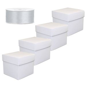 Set 4 cadeaudoosjes wit 10 x 10 cm / zilver sierlint 25 meter