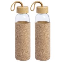 2x Stuks glazen waterfles/drinkfles met kurk bescherm hoes 500 ml - Drinkflessen