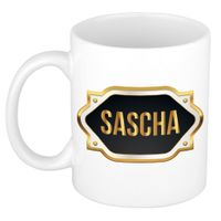 Sascha naam / voornaam kado beker / mok met goudkleurig embleem   - - thumbnail