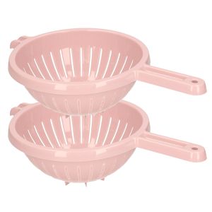 Keuken vergiet/zeef met steel - 2x - kunststof - Dia 23 cm x Hoogte 10 cm - roze