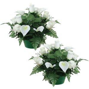 Kunstbloemen plantje in pot - 2x - wit - 26 cm - Bloemstuk ornament - met bladgroen