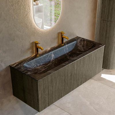 Badmeubel Mondiaz Kurve-Dlux | 120 cm cm | Meubelkleur Shadow | Wastafelkleur Lava | Solid surface | Wasbak midden spoelbak | 2 kraangaten