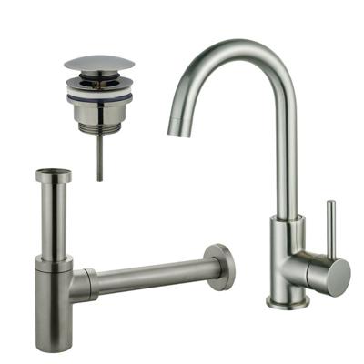 Fortifura Calvi Wastafelkraanset - hoge wastafelkraan - draaibare uitloop - klikwaste plug - design sifon - Geborsteld RVS PVD (RVS) SW809348/SW696201/SW696212