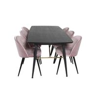 Gold eethoek eetkamertafel uitschuifbare tafel lengte cm 180 / 220 zwart en 6 Velvet eetkamerstal velours roze, zwart.