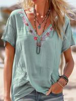 Women's Short Sleeve Shirt Summer Green Floral Embroidery Cotton V Neck Daily Casual Top - thumbnail