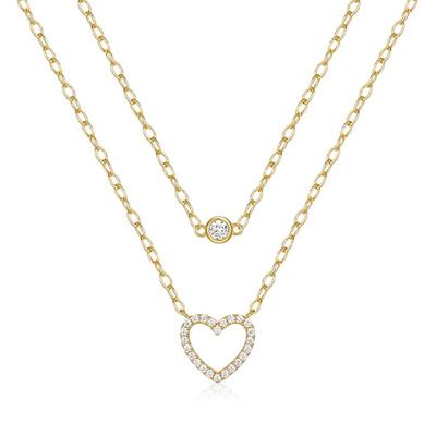 Zilveren Dubbele Ketting met Gouden Plating, Hart en Zirkonia - Romantische Allure van Elenza