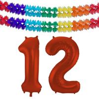 Folat Verjaardag Leeftijd folieballon - 12 jaar - rood - 86 cm - incl 2x slingers