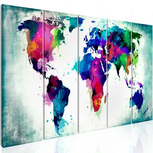 Schilderij - Wereldkaart , Kleurrijke Chaos , 5 luik