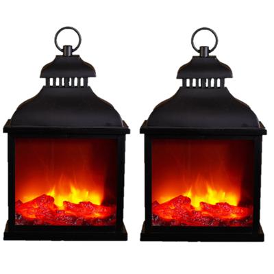 LED sfeerhaard lantaarn - 2x stuks - zwart - L25 x B15 x H42,5 cm - open haard - verlichting