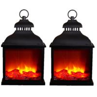 LED sfeerhaard lantaarn - 2x stuks - zwart - L25 x B15 x H42,5 cm - open haard - verlichting