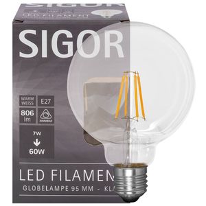 LED globe lamp 806 lumen filament helder E27 2700K dimbaar 60W Sigor