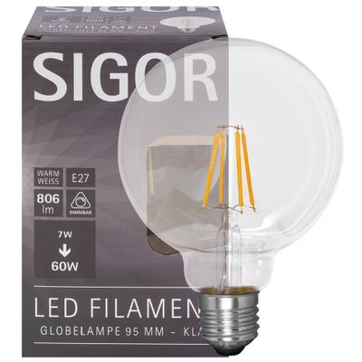 LED globe lamp 806 lumen filament helder E27 2700K dimbaar 60W Sigor