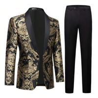 Bon&Bon Men's Gold Floral Tuxedo - 2-Piece Regular Fit Baroque Suit Gold / S