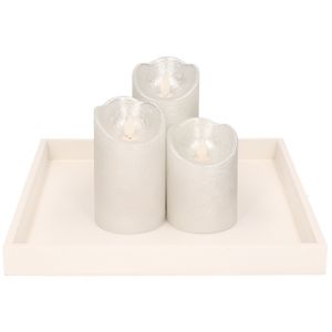 Houten kaarsenonderbord/plateau wit met LED kaarsen set 3 stuks zilver   -