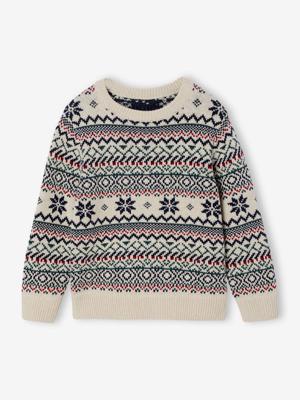 Jacquard trui met ronde hals voor jongens wit, bedrukt Jacquard trui met ronde hals voor jongens wit, bedrukt