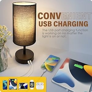 bedlampje met usb-poort touch control tafellamp voor slaapkamer 3 manier dimbaar nachtkastje lamp met ronde vlassen stoffen kap voor thuiskantoor Lightinthebox