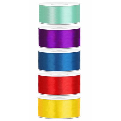 5x rollen satijnlint geel-mint-rood-paars-blauw 2.5 cm x 25 meter