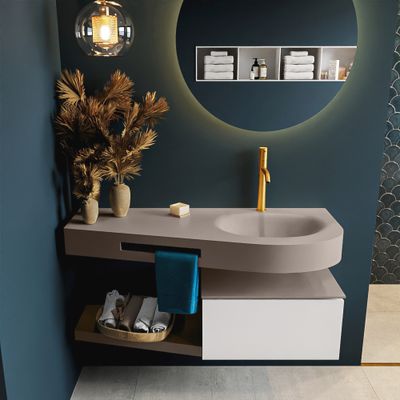 MONDIAZ RIVA 120cm badmeubel onderkast / planchet kleur Talc met 1 lade. Wastafel DULCET rechts 1 kraangat kleur Smoke.