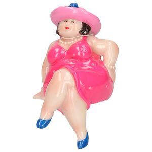 Inware Home decoratie beeldje dikke dame - jurk roze - 15 cm   -