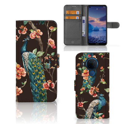 Nokia 5.4 Telefoonhoesje met Pasjes Pauw met Bloemen