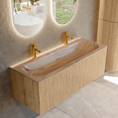 Badmeubel Mondiaz Kurve-Dlux | 120 cm | Meubelkleur Oak | Wastafelkleur Arena | Solid surface | Wasbak midden spoelbak | 2 kraangaten