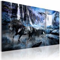 Schilderij - Zwart Paard voor Waterval II, zwart/blauw, Wanddecoratie , premium print,  3luik - thumbnail