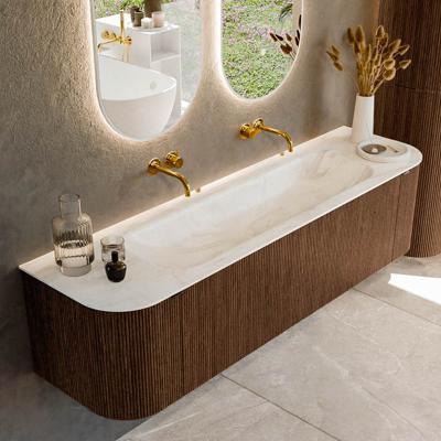 Badmeubel Mondiaz Kurve-Dlux | 170 cm | Meubelkleur Walnut | Wastafelkleur Ostra | Solid surface | Midden spoelbak | Zonder kraangat(en)