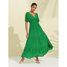Groene maxi-jurk van chiffon met halter v-hals en gestrikte achterkant voor dames