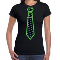 Verkleed T-shirt voor dames - neon stropdas - zwart - foute party - carnaval/themafeest