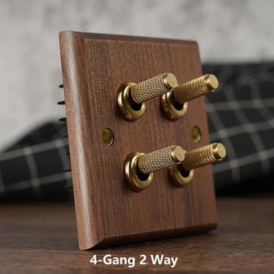 RetroLux Zwart Walnoot 1-4 Gang Wandschakelaar met Messing Toggle