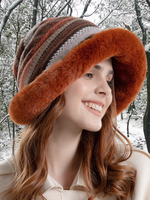 Casual Multicolor Striped Faux Fur Wide Brim Hat Beanie Daily Outdoor Accessories - thumbnail
