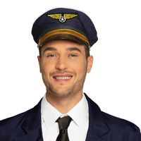 Carnaval verkleed Piloten hoedje - blauw/goud - voor volwassenen - Luchtvaart thema - thumbnail