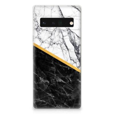 Google Pixel 6 Pro | TPU | Siliconen hoesje | Marmer Wit Zwart - Origineel Cadeau Man
