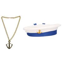 Carnaval verkleed Matrozen hoedje - wit - met gouden anker ketting - volwassenen - thumbnail