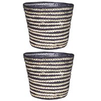 Set van 2x stuks naturel zwart rotan planten pot mand van gedraaid jute/riet H14 en D17.5 cm