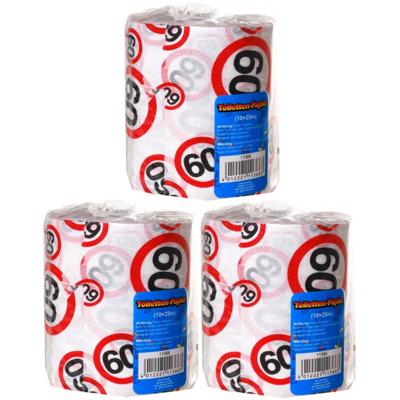 60 jaar verjaardag cadeau - Set van 3x stuks - wc/toiletpapier - 25m - feestartikelen - verkeersbord