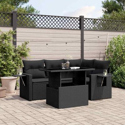 5-delige Loungeset met kussens poly rattan zwart
