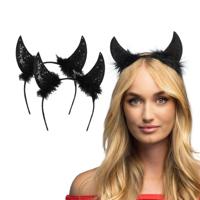 Duivel hoorntjes - 2x - zwart - kunststof - Halloween thema - dames - diadeem - tiara - pailletten