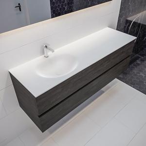 Mondiaz Vica Moon badmeubel eiken donker bruin 150 cm 2 lades solid surface enkele spoelbak links 1 kraangat