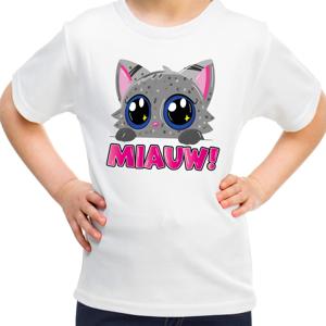 Verkleed T-shirt voor jongens/meisjes - Miauw - wit - carnaval - feestkleding voor kinderen