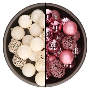 Kerstballen - 74x stuks - wol wit en roze - 6 cm - kunststof - Kerstbal