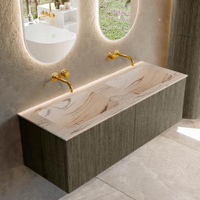 Badmeubel Mondiaz Kurve-Dlux | 130 cm | Meubelkleur Shadow | Wastafelkleur Nata | Solid surface | Wasbak beide zijden spoelbak | Zonder kraangat(en)